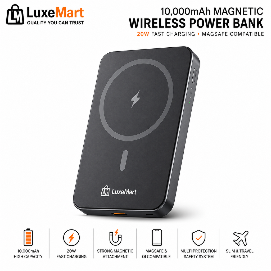 LuxeMart 10,000mAh Magnetic Wireless Power Bank with 20W Fast Charging