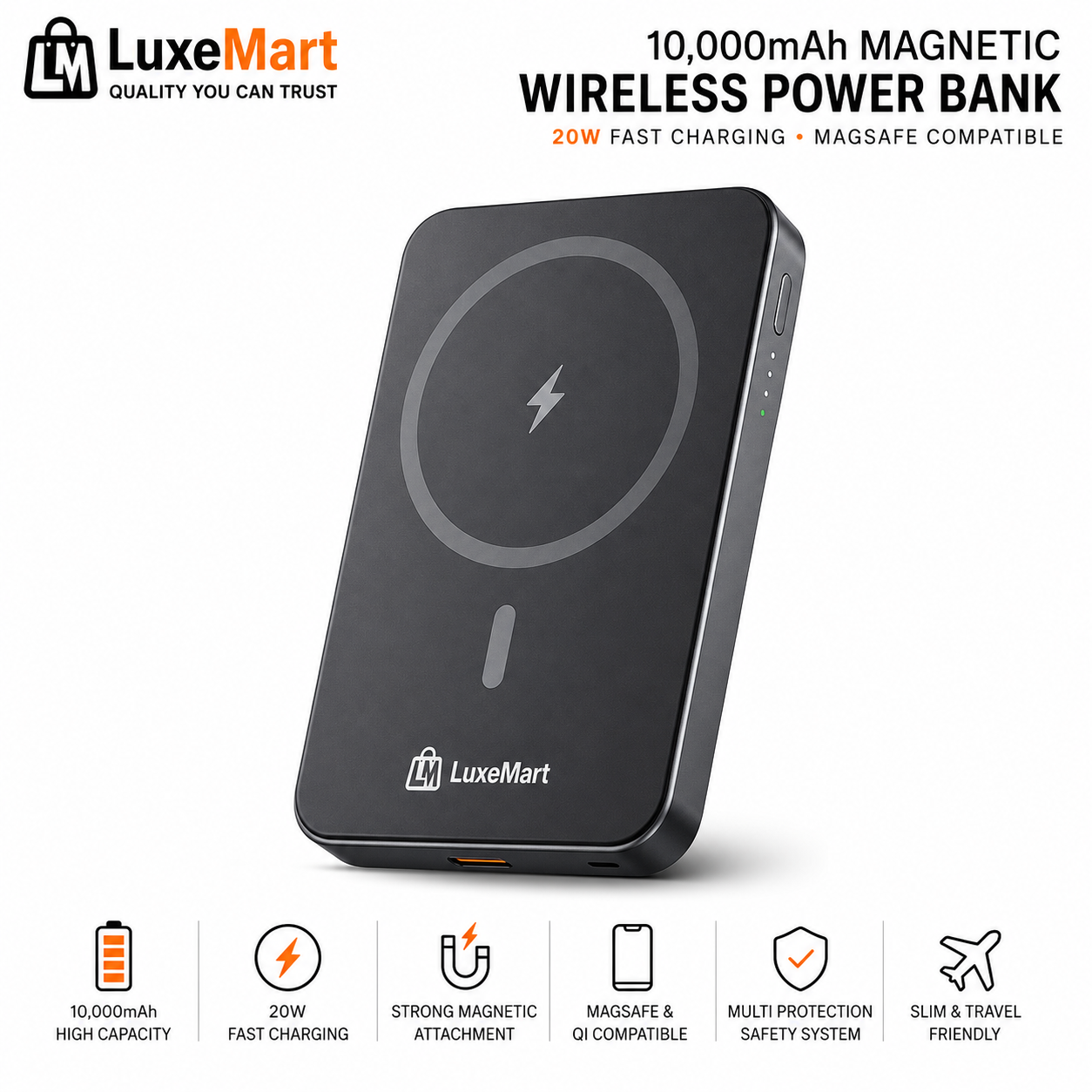 LuxeMart 10,000mAh Magnetic Wireless Power Bank with 20W Fast Charging
