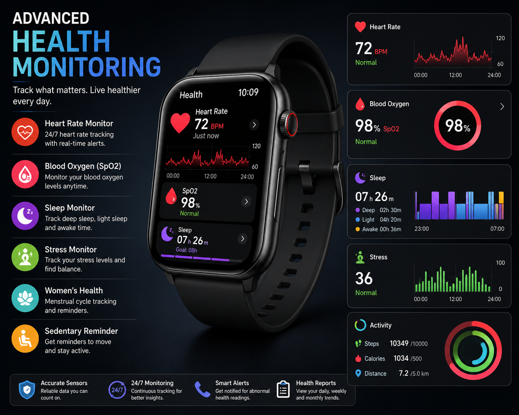 Smart Watch with Bluetooth Calling & Health Monitor