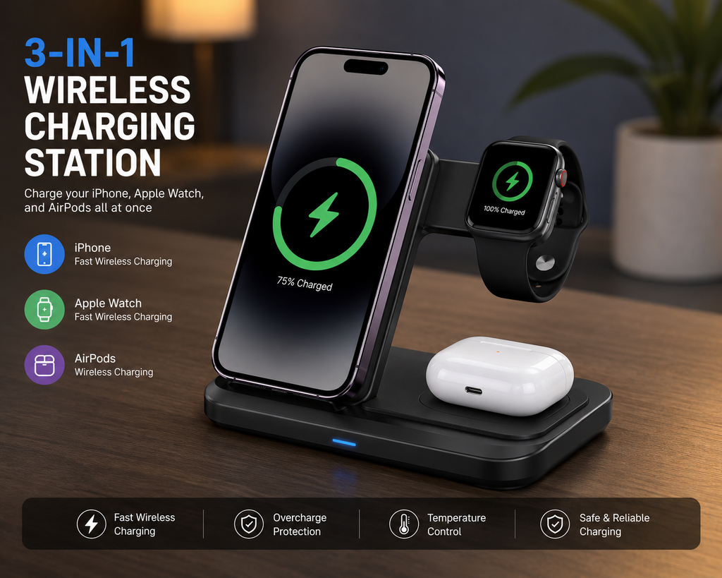 3-in-1 Wireless Charging Station for iPhone, Apple Watch & AirPods