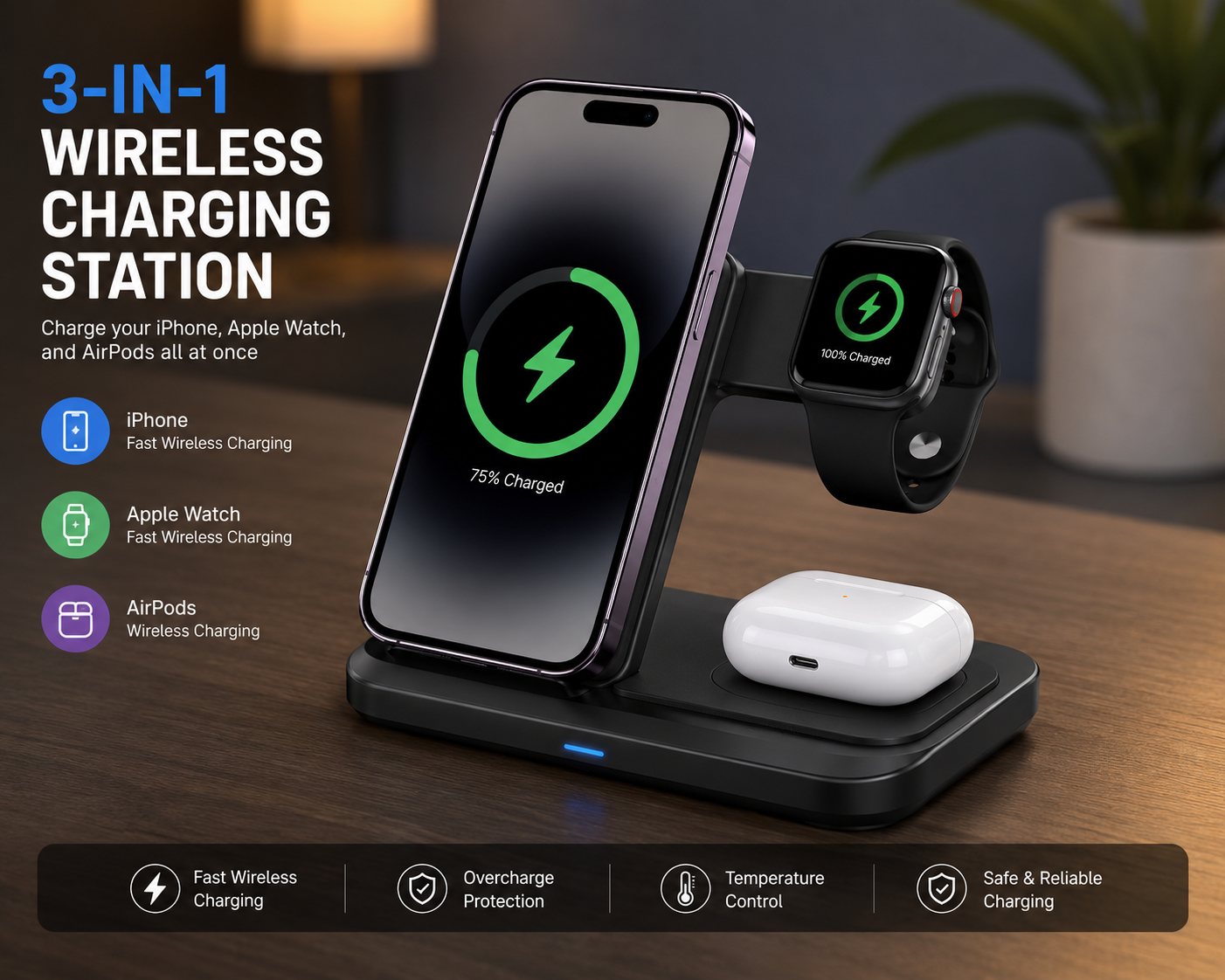 3-in-1 Wireless Charging Station for iPhone, Apple Watch & AirPods