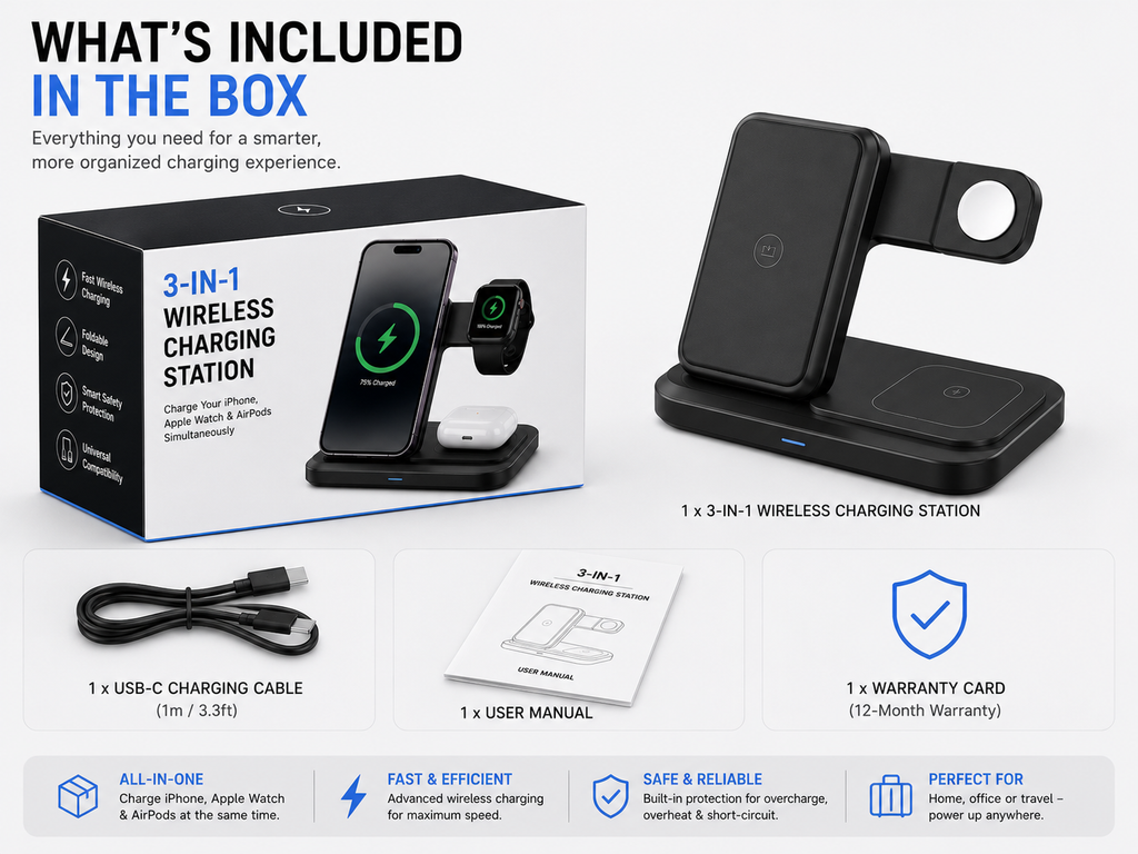 3-in-1 Wireless Charging Station for iPhone, Apple Watch & AirPods