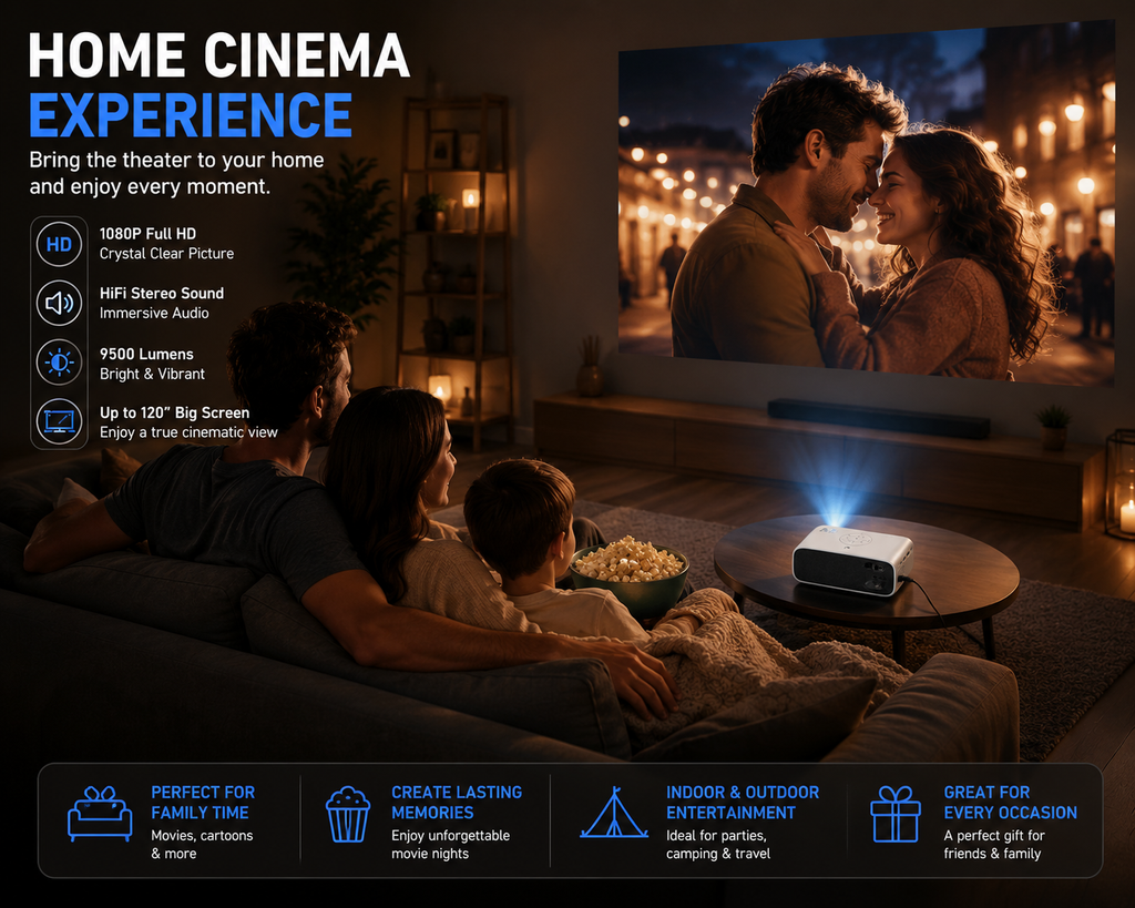 Mini Portable Projector – Full HD 1080P WiFi & Bluetooth Home Cinema