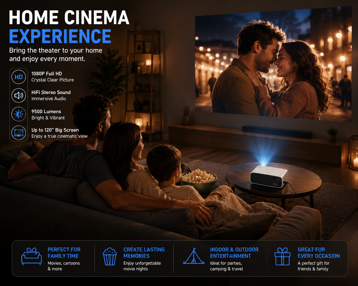 Mini Portable Projector – Full HD 1080P WiFi & Bluetooth Home Cinema