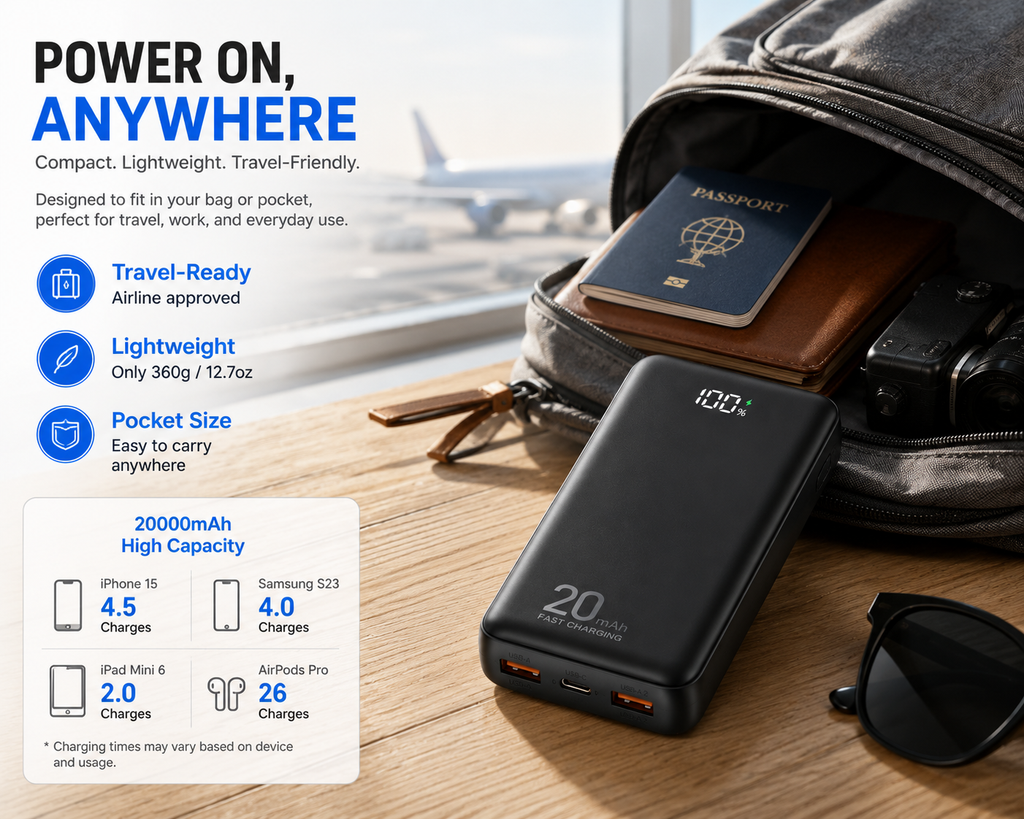 20,000mAh Fast Charging Power Bank – Portable USB-C Battery Pack