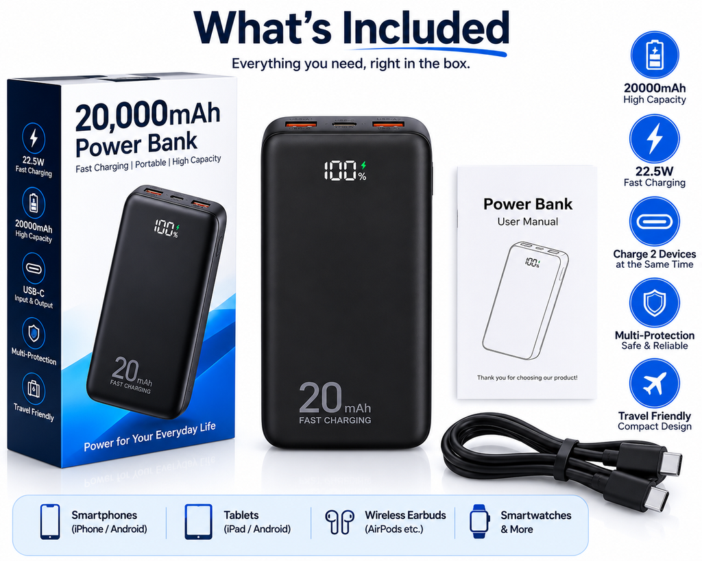 20,000mAh Fast Charging Power Bank – Portable USB-C Battery Pack