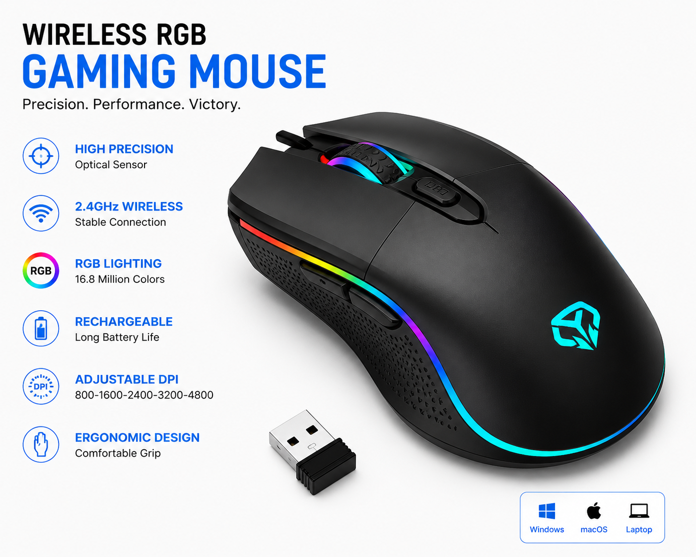 Wireless RGB Gaming Mouse – Rechargeable 2.4GHz Ergonomic Mouse for PC & Laptop