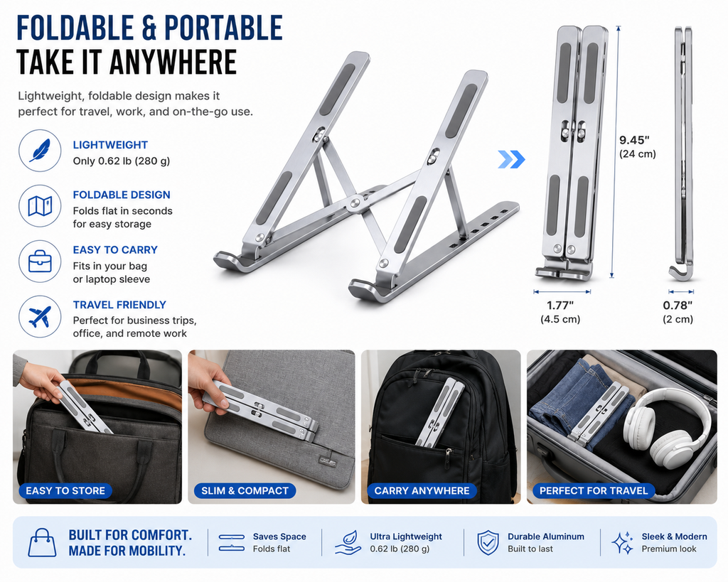 Foldable Aluminum Laptop Stand – Adjustable Portable Desk Stand for Laptops
