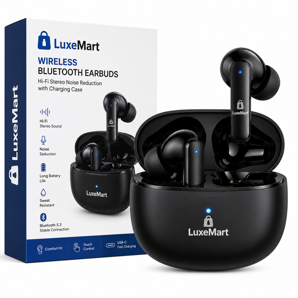 LuxeMart Wireless Bluetooth Earbuds – Hi-Fi Stereo Noise Reduction with Charging Case