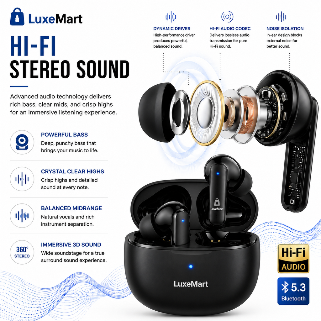 LuxeMart Wireless Bluetooth Earbuds – Hi-Fi Stereo Noise Reduction with Charging Case