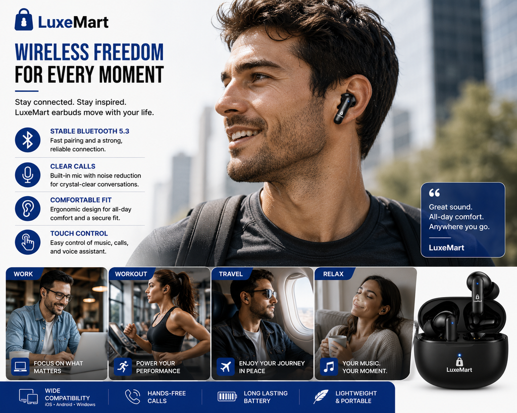 LuxeMart Wireless Bluetooth Earbuds – Hi-Fi Stereo Noise Reduction with Charging Case