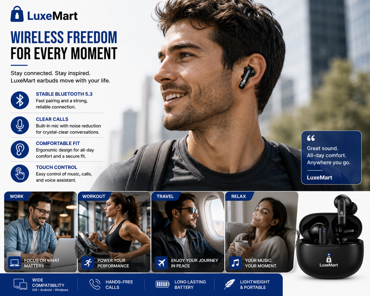 LuxeMart Wireless Bluetooth Earbuds – Hi-Fi Stereo Noise Reduction with Charging Case