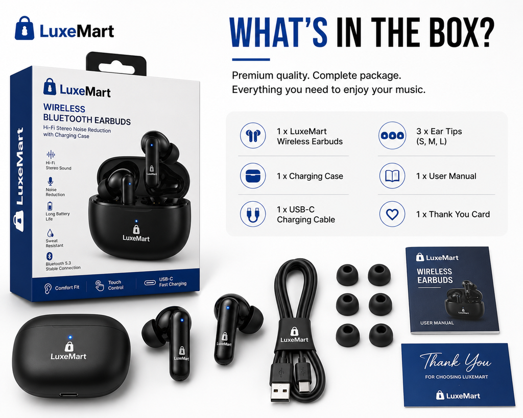 LuxeMart Wireless Bluetooth Earbuds – Hi-Fi Stereo Noise Reduction with Charging Case