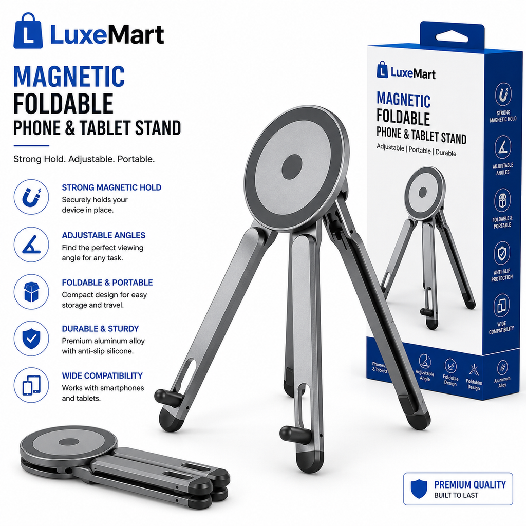 LuxeMart Magnetic Foldable Phone & Tablet Stand – Adjustable Portable Desktop Holder
