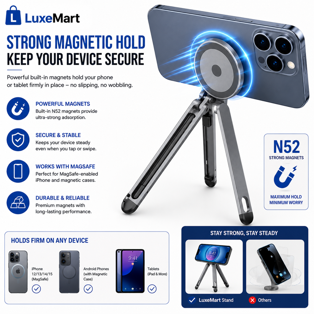 LuxeMart Magnetic Foldable Phone & Tablet Stand – Adjustable Portable Desktop Holder