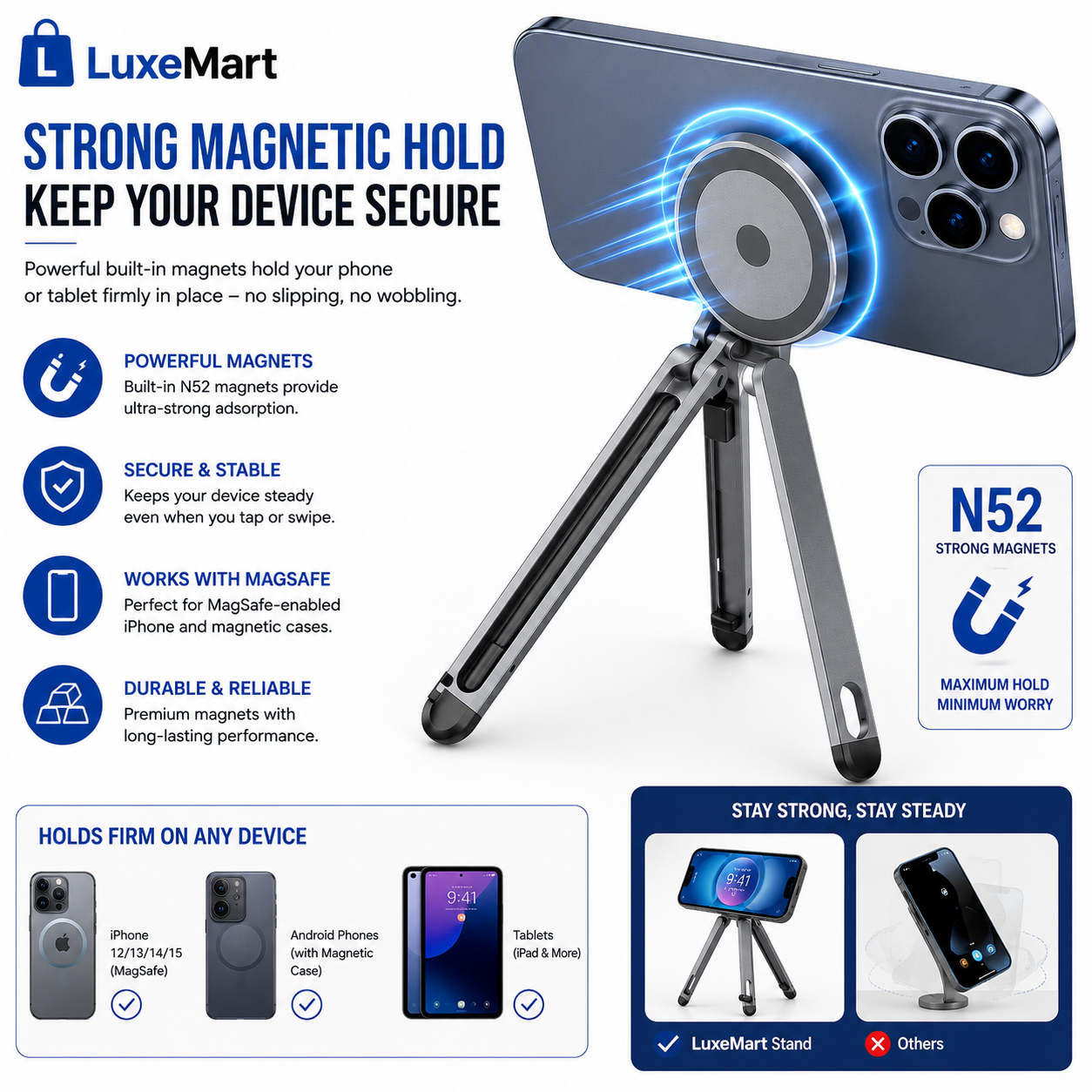 LuxeMart Magnetic Foldable Phone & Tablet Stand – Adjustable Portable Desktop Holder