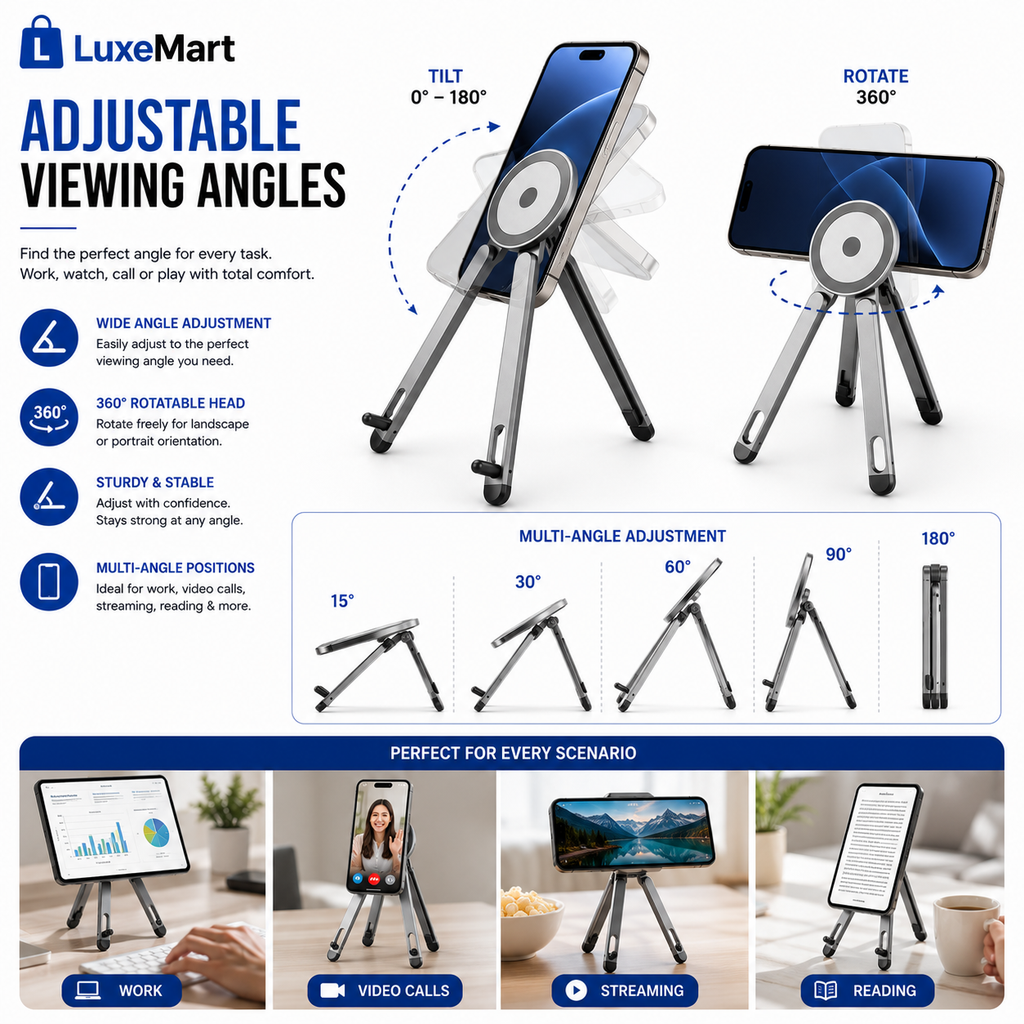 LuxeMart Magnetic Foldable Phone & Tablet Stand – Adjustable Portable Desktop Holder