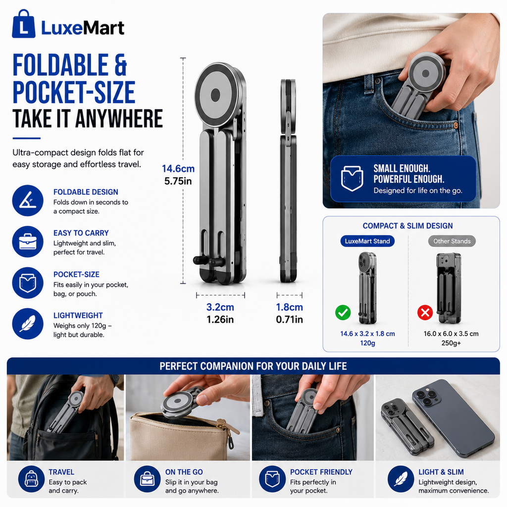 LuxeMart Magnetic Foldable Phone & Tablet Stand – Adjustable Portable Desktop Holder