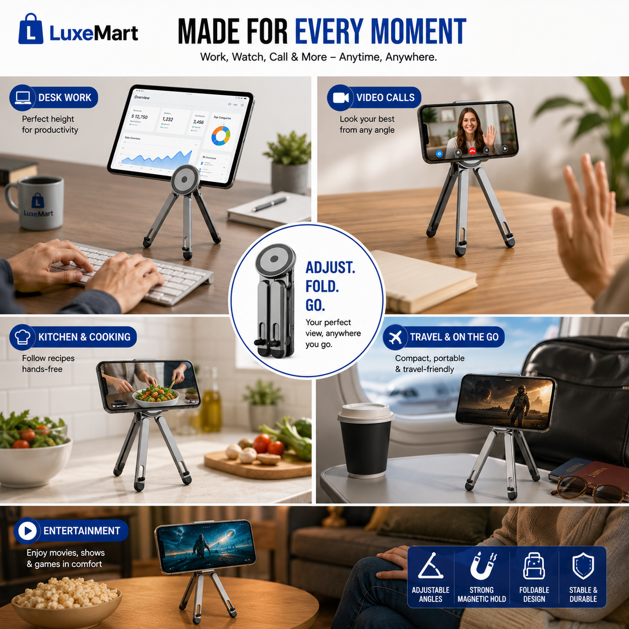 LuxeMart Magnetic Foldable Phone & Tablet Stand – Adjustable Portable Desktop Holder