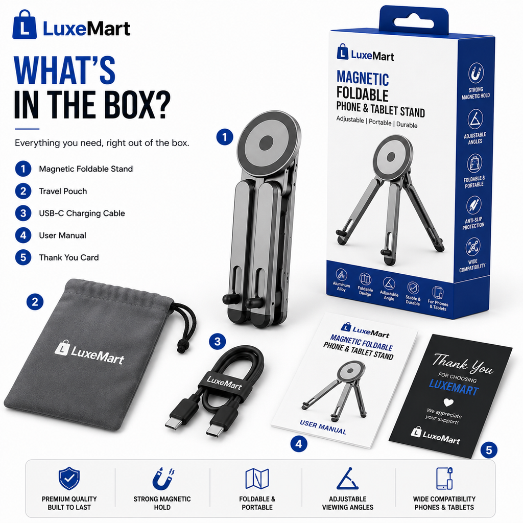 LuxeMart Magnetic Foldable Phone & Tablet Stand – Adjustable Portable Desktop Holder