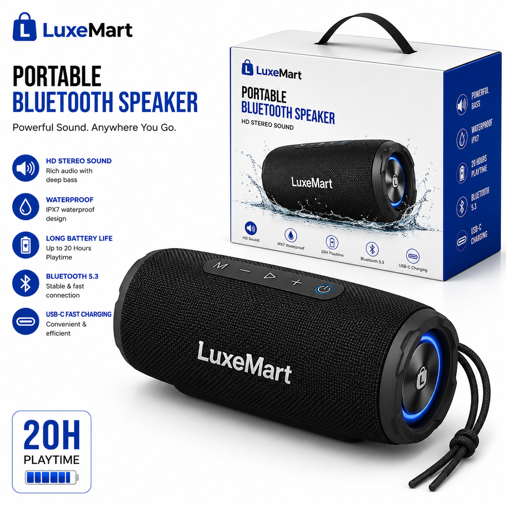 LuxeMart Portable Bluetooth Speaker – HD Stereo Sound, Waterproof & Long Battery Life