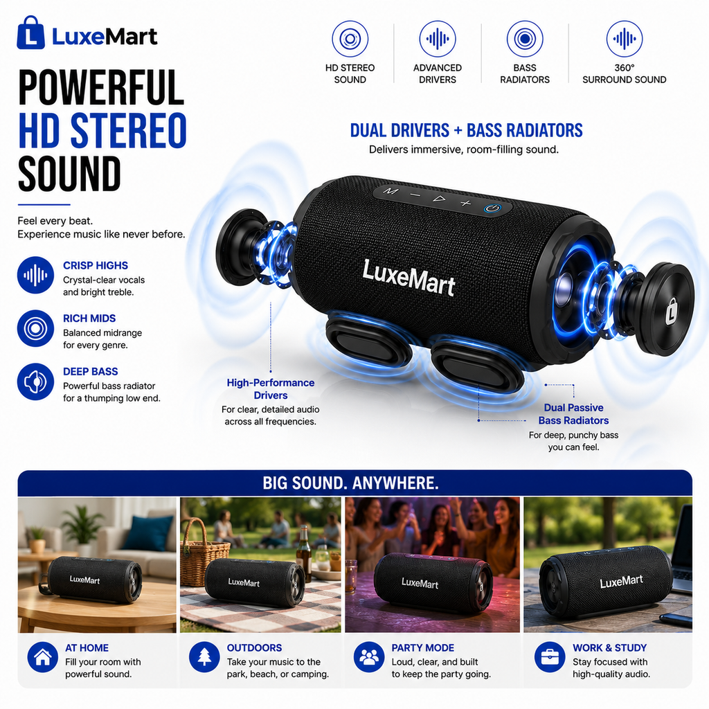 LuxeMart Portable Bluetooth Speaker – HD Stereo Sound, Waterproof & Long Battery Life