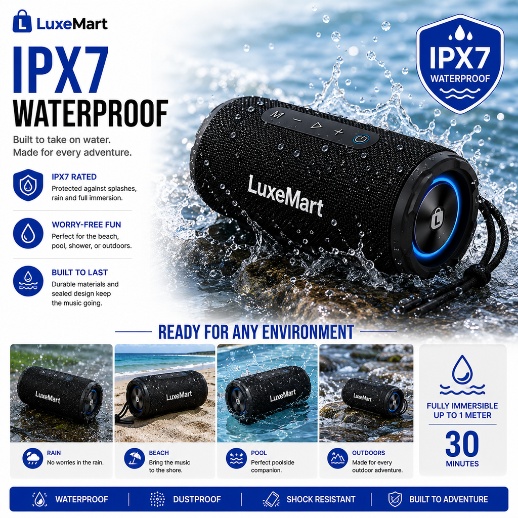 LuxeMart Portable Bluetooth Speaker – HD Stereo Sound, Waterproof & Long Battery Life