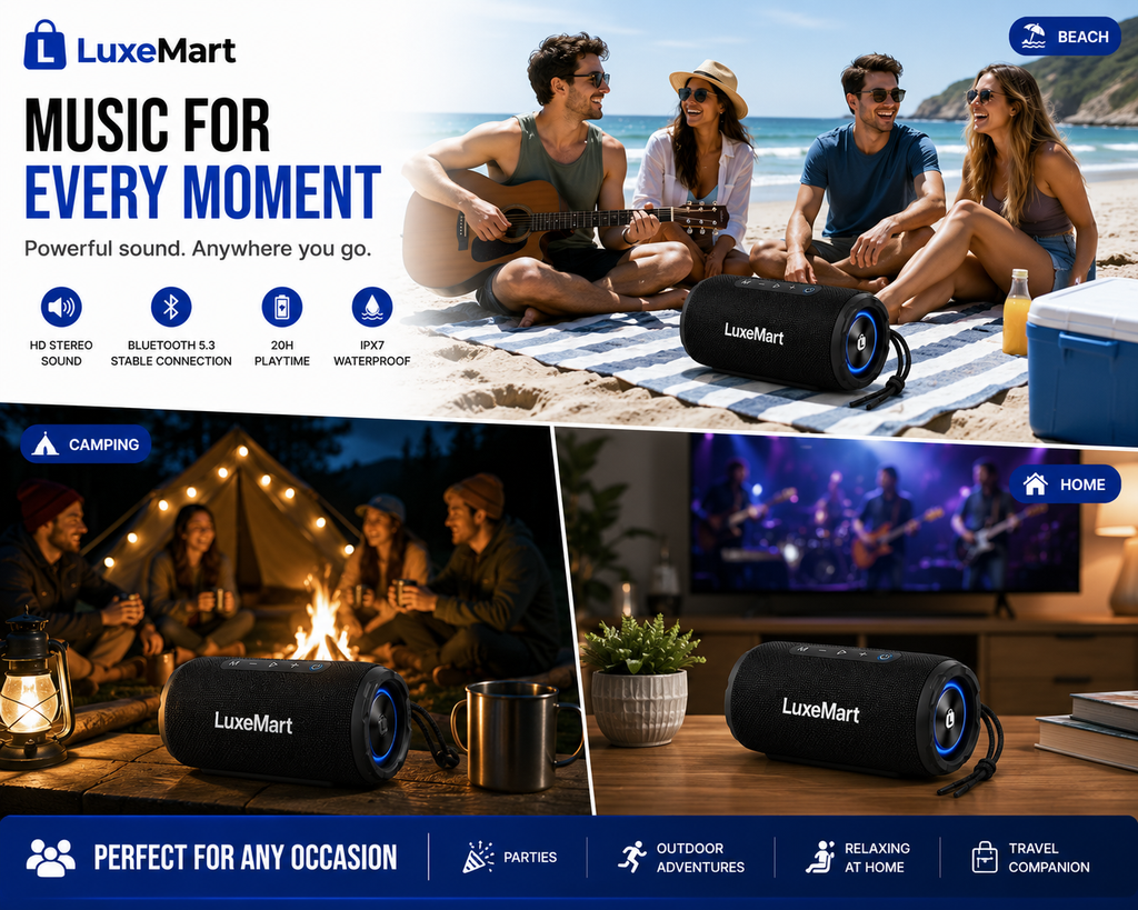 LuxeMart Portable Bluetooth Speaker – HD Stereo Sound, Waterproof & Long Battery Life