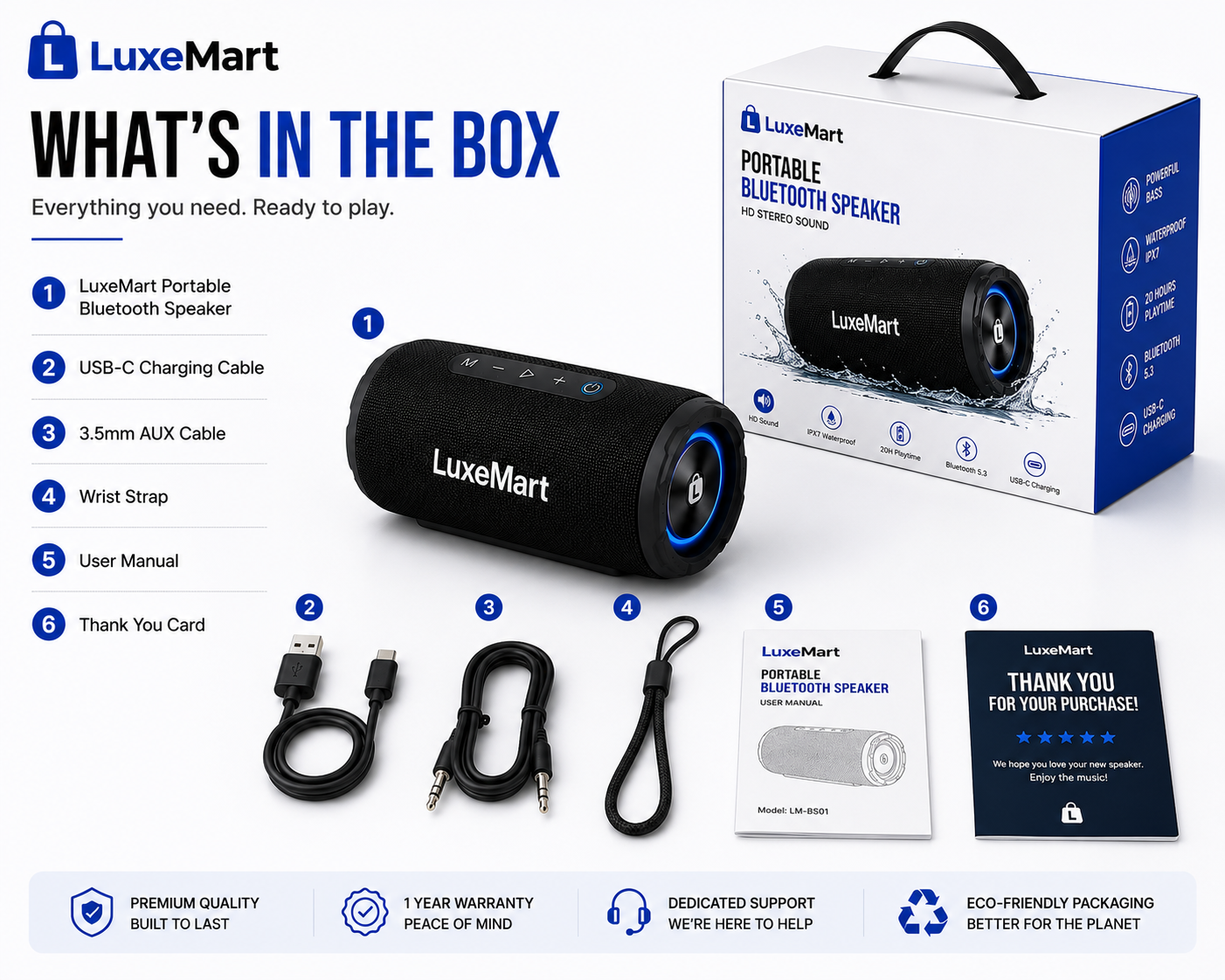 LuxeMart Portable Bluetooth Speaker – HD Stereo Sound, Waterproof & Long Battery Life