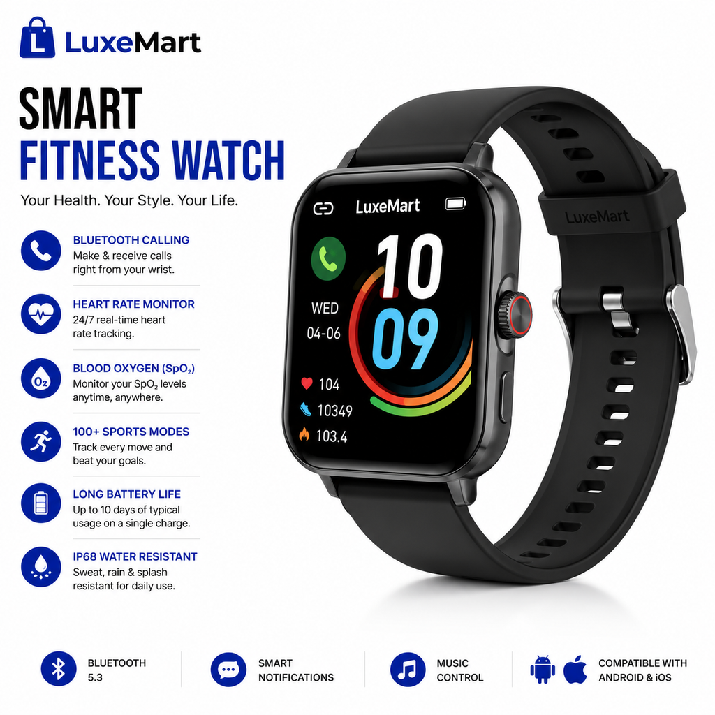 LuxeMart Smart Fitness Watch – Bluetooth Calling, Heart Rate Monitor & 100+ Sports Modes