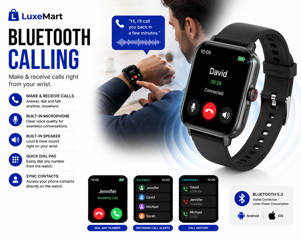 LuxeMart Smart Fitness Watch – Bluetooth Calling, Heart Rate Monitor & 100+ Sports Modes