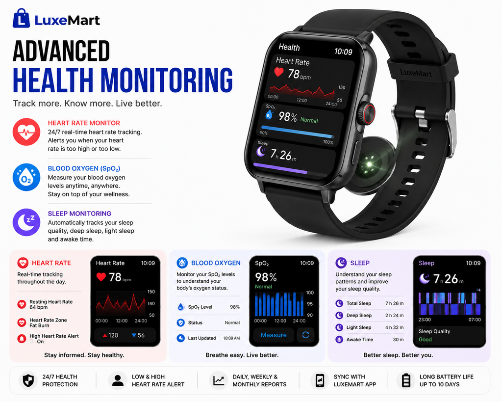 LuxeMart Smart Fitness Watch – Bluetooth Calling, Heart Rate Monitor & 100+ Sports Modes
