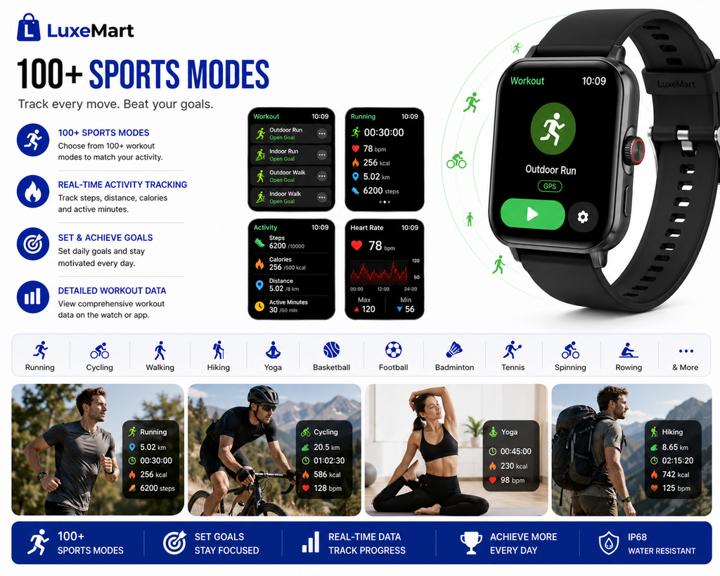 LuxeMart Smart Fitness Watch – Bluetooth Calling, Heart Rate Monitor & 100+ Sports Modes