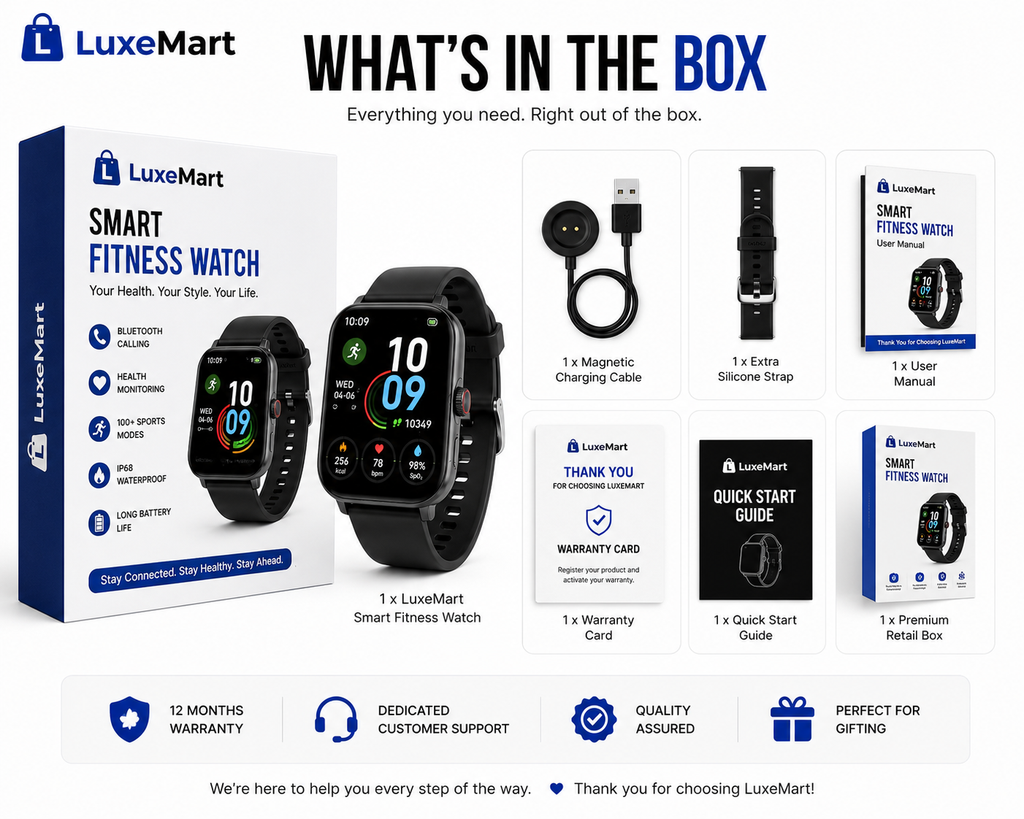 LuxeMart Smart Fitness Watch – Bluetooth Calling, Heart Rate Monitor & 100+ Sports Modes