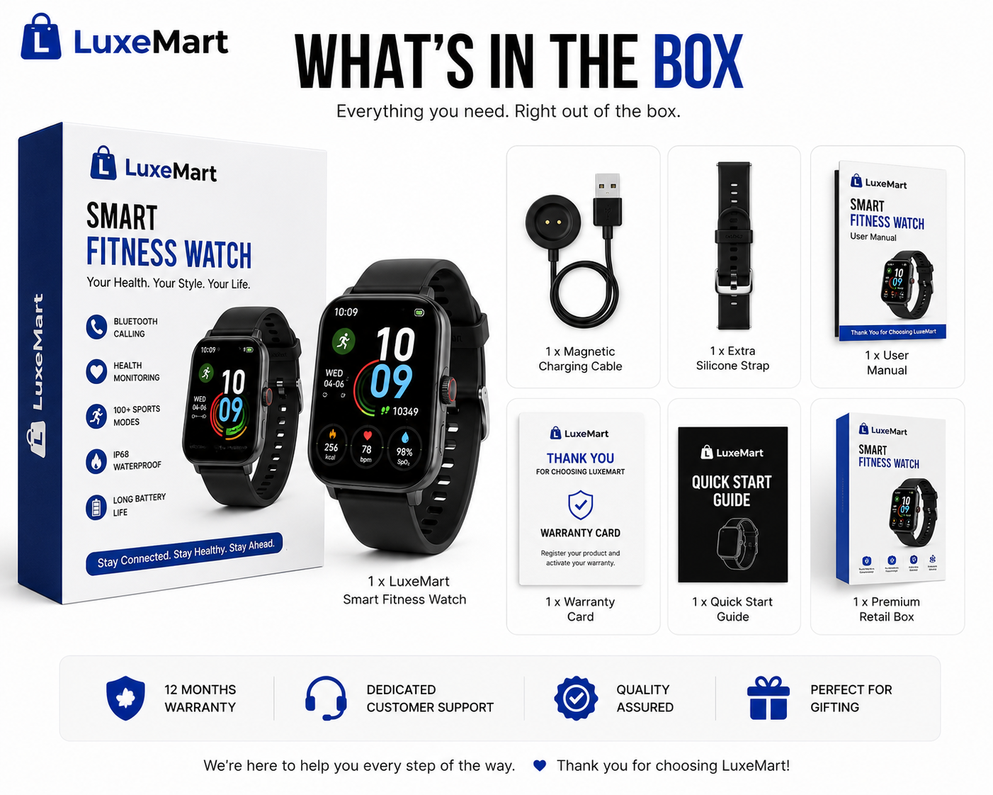 LuxeMart Smart Fitness Watch – Bluetooth Calling, Heart Rate Monitor & 100+ Sports Modes