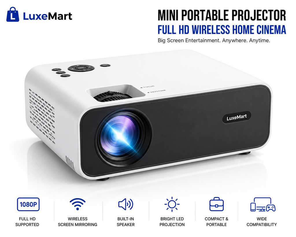 LuxeMart Mini Portable Projector – Full HD Wireless Home Cinema