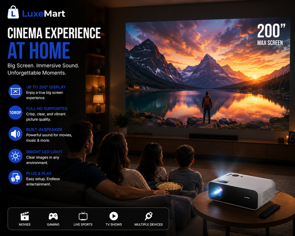LuxeMart Mini Portable Projector – Full HD Wireless Home Cinema