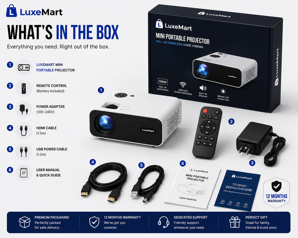 LuxeMart Mini Portable Projector – Full HD Wireless Home Cinema