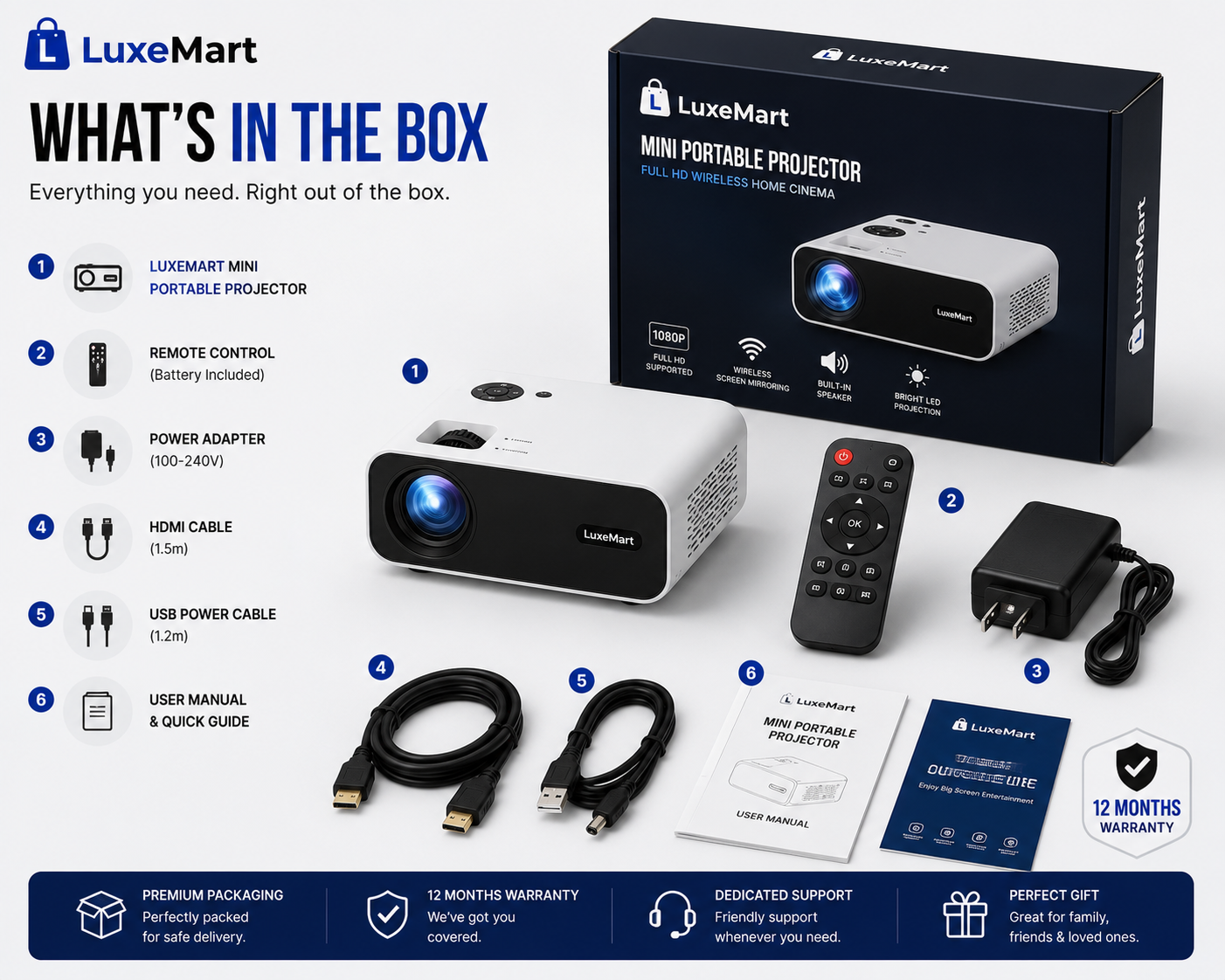 LuxeMart Mini Portable Projector – Full HD Wireless Home Cinema