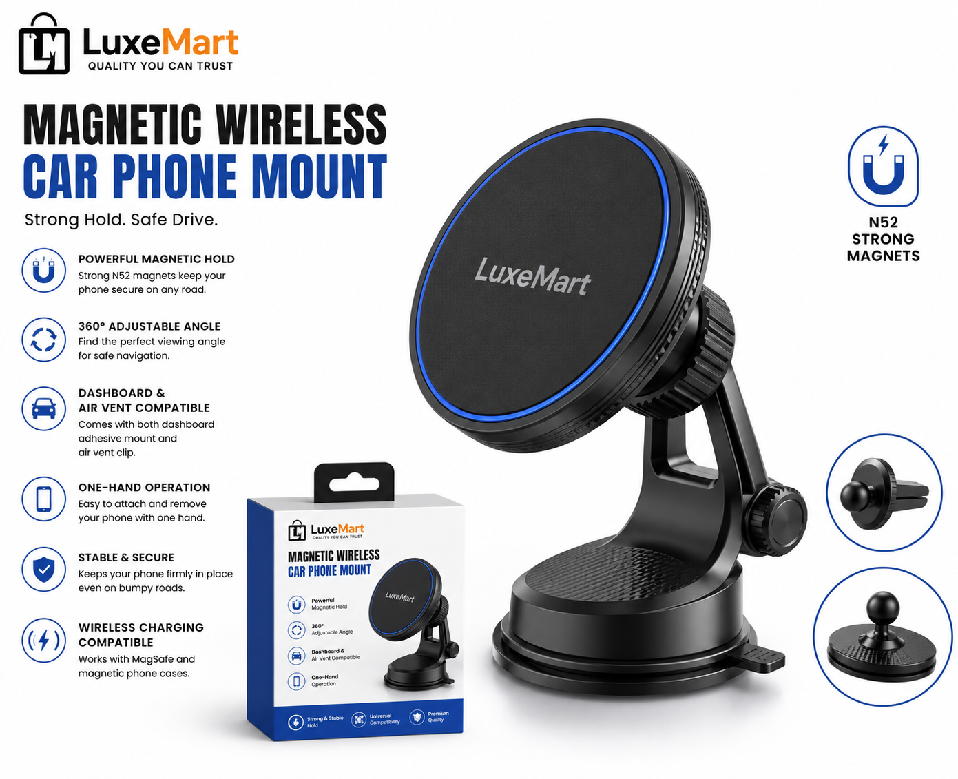 LuxeMart Magnetic Wireless Car Phone Mount