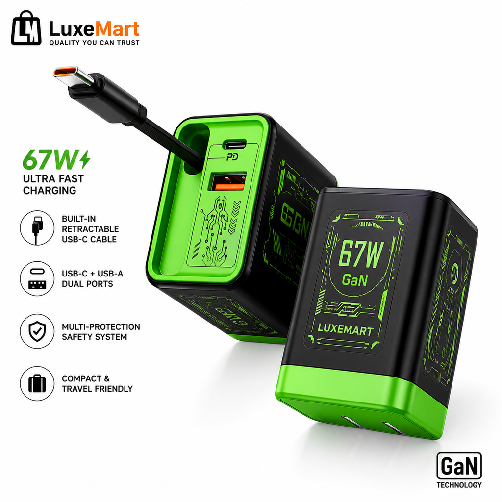 LuxeMart 67W GaN Fast Charger with Retractable USB-C Cable
