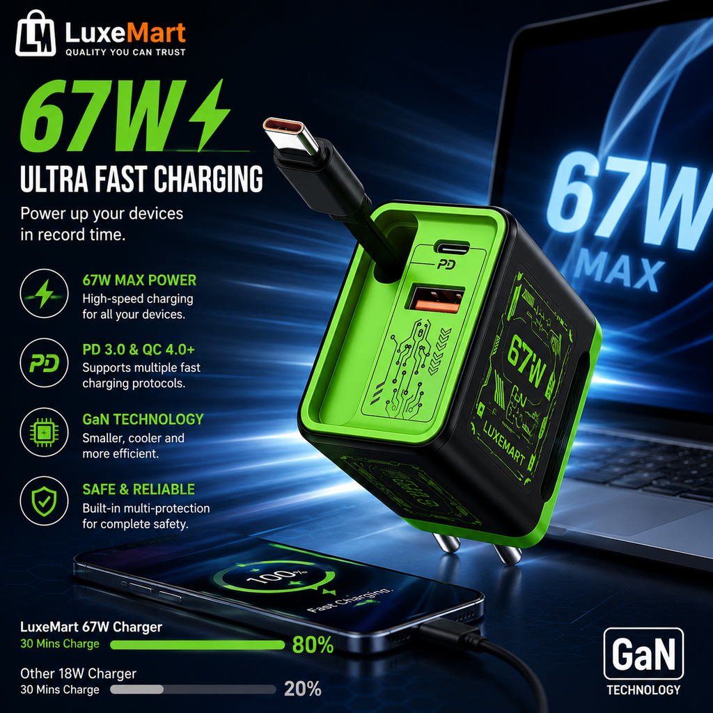 LuxeMart 67W GaN Fast Charger with Retractable USB-C Cable