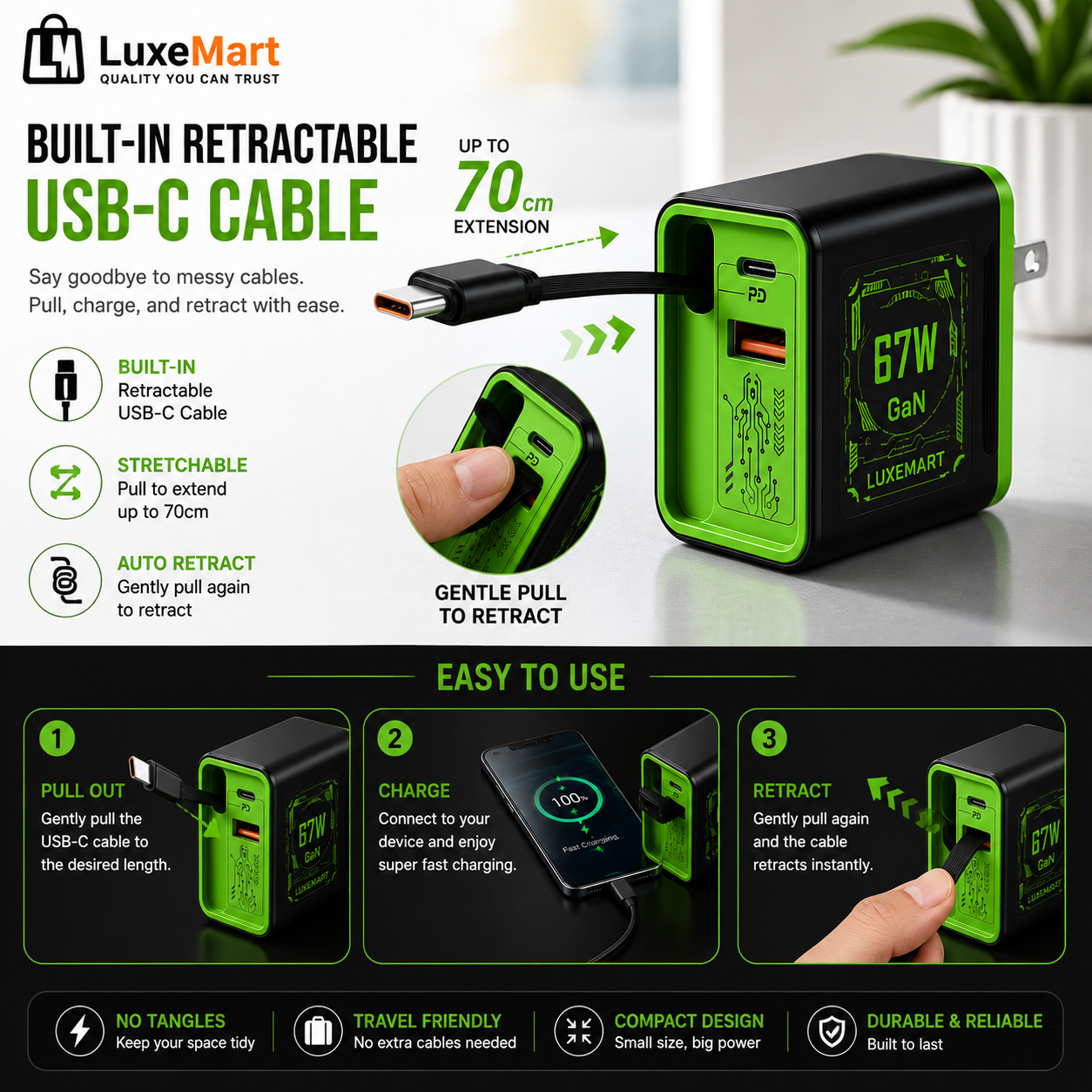 LuxeMart 67W GaN Fast Charger with Retractable USB-C Cable