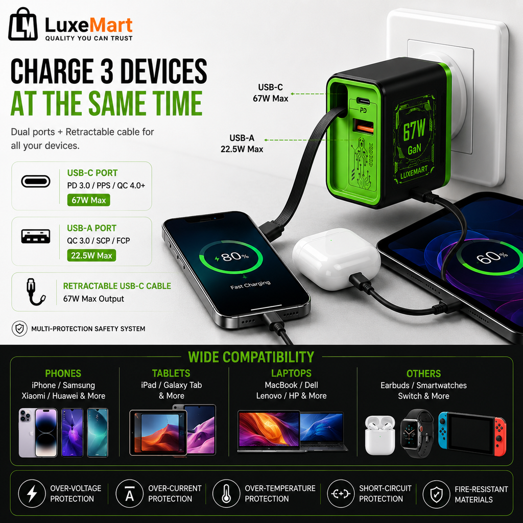 LuxeMart 67W GaN Fast Charger with Retractable USB-C Cable