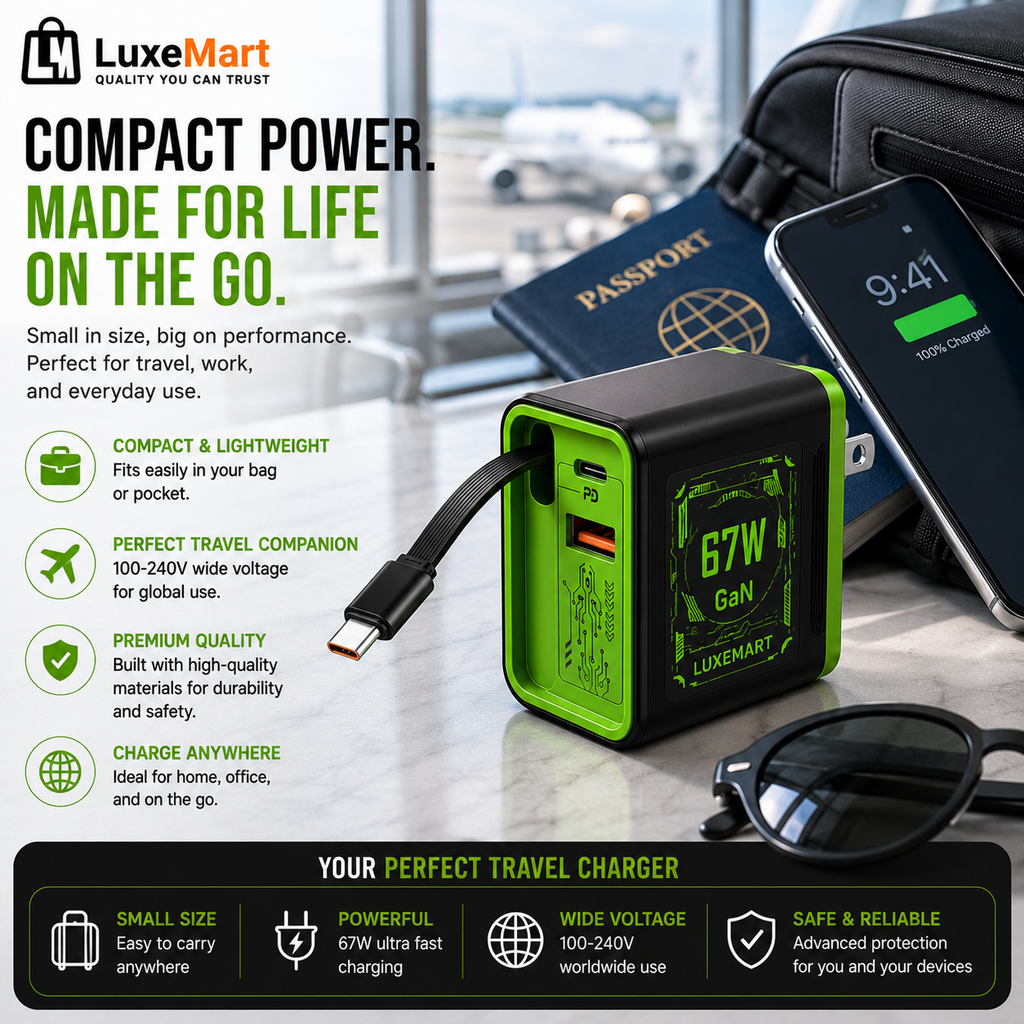 LuxeMart 67W GaN Fast Charger with Retractable USB-C Cable
