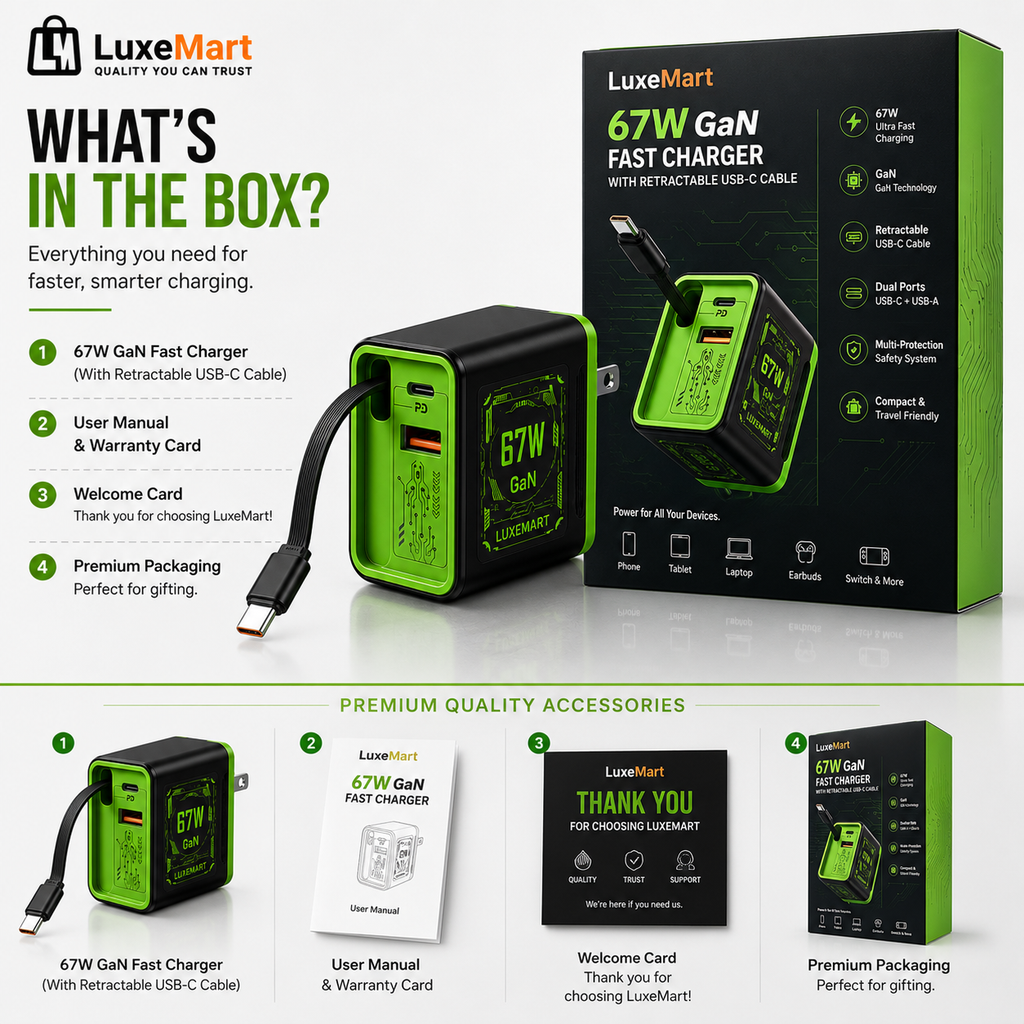 LuxeMart 67W GaN Fast Charger with Retractable USB-C Cable