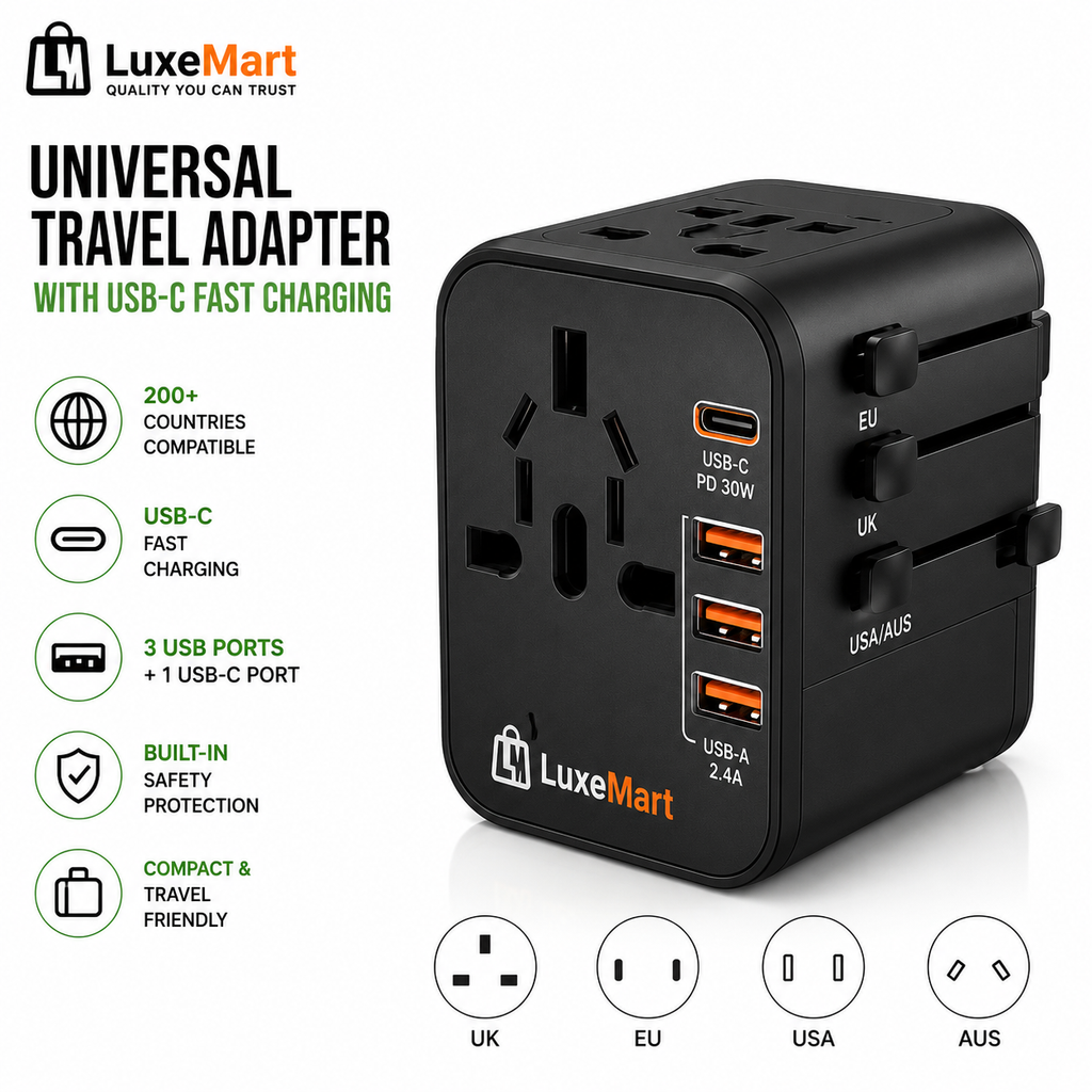 LuxeMart Universal Travel Adapter with USB-C Fast Charging