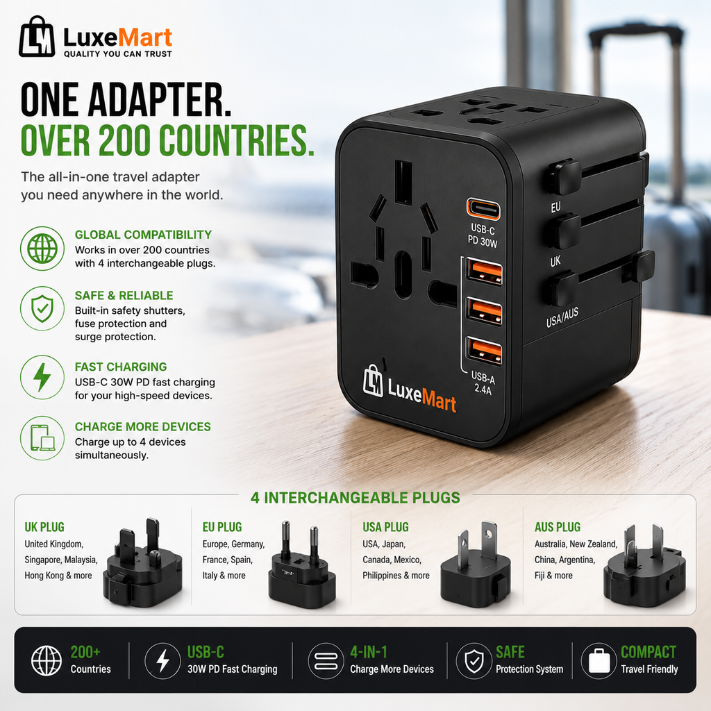 LuxeMart Universal Travel Adapter with USB-C Fast Charging
