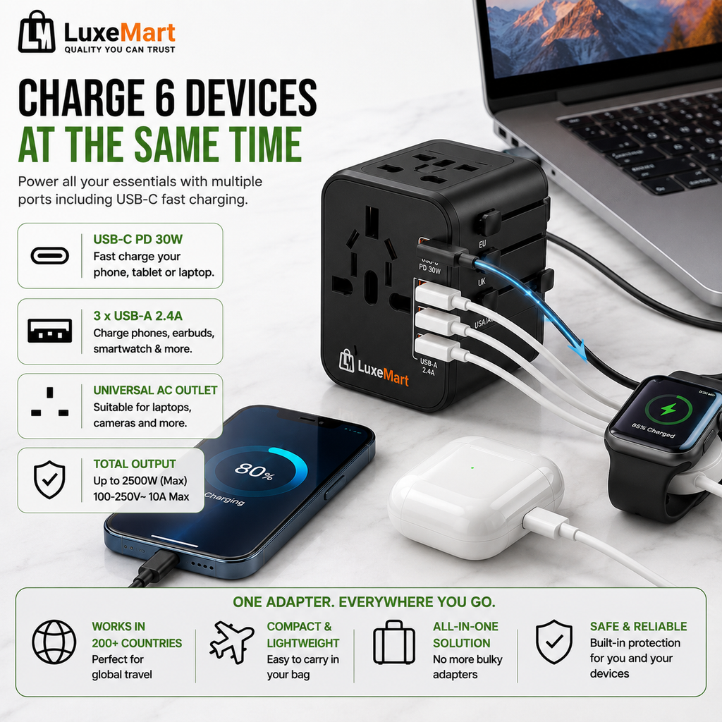 LuxeMart Universal Travel Adapter with USB-C Fast Charging