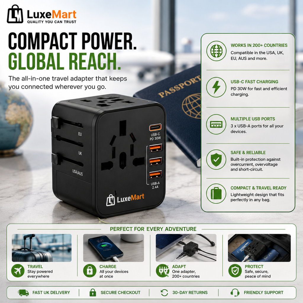 LuxeMart Universal Travel Adapter with USB-C Fast Charging
